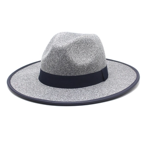 Chapeau fedora classique en laine grise à bord large et ruban bleu pour hommes et femmes