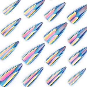 Long stiletto press-on nails with blue cat-eye aurora chrome gradient finish