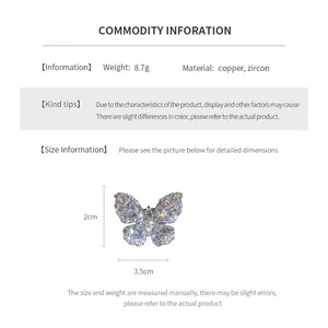 Detailed size chart for the zircon butterfly brooch with measurements 3.5cm x 2cm