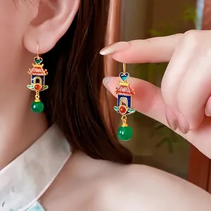 18K gold heart earrings with traditional Chinese pavilion design and green agate beads