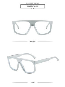 Front and side view of silver futuristic oversized sunglasses with square lenses