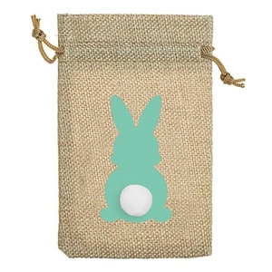 Detail of linen Easter drawstring bag featuring orange bunny silhouette and 3D plush tail