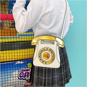 Creative rotary telephone shaped crossbody bag with receiver handle and sequined dial details