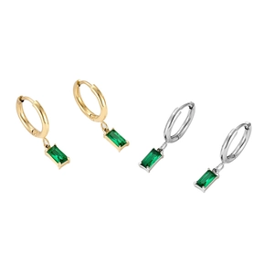 Boucles d'oreilles vintage en acier inoxydable avec zircons verts rectangulaires en or et argent