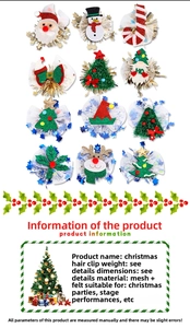 Close-up of 12 festive Christmas hair clips featuring felt Santa, tree, and reindeer motifs