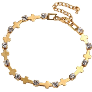Adjustable titanium steel cross bracelet with sparkling cubic zirconia in gold finish