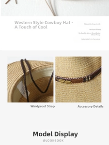 Detail of straw cowboy hat featuring internal adjustable strap and windproof chin rope