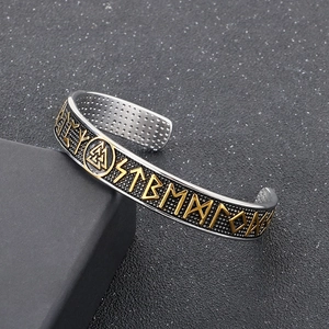 Vintage Viking Norse rune open bangle in stainless steel with gold engraved Odin symbols
