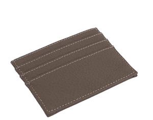 Detailed view of brown lychee grain leather card holder with multiple slots on white background