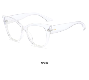 Detail of transparent cat eye frame featuring golden metal rivets and a 45-degree side view
