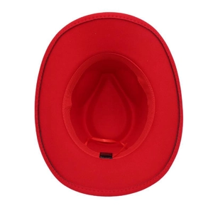 Detail view of the interior red wool felt fedora with adjustable inner sweatband