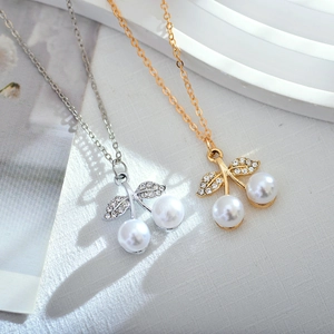Sweet Cherry Pendant Necklace Stainless Steel With White Imitation Artificial Pearl Rhinestone Leaf Charm Elegant For Women