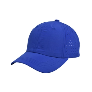 Detail view of laser-cut ventilation holes on blue quick-dry kids baseball sun hat