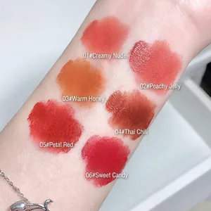 Matte velvet lip clay set with six shades from nude to deep red on arm skin swatches