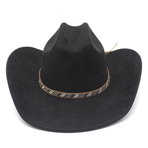 Detailed view of the multicolor beaded band on a black suede cowboy hat brim