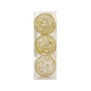 Three gold hollow wire Christmas ball ornaments in a clear gift box for tree decoration