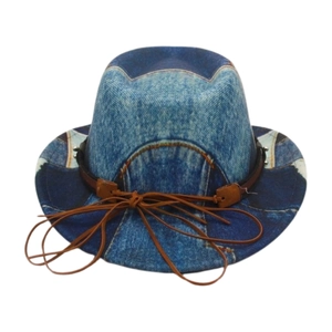 Detail of blue denim print jazz hat for kids with decorative brown leather strap