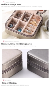 Detail of portable jewelry box with necklace hooks and rings slots in metallic PU leather