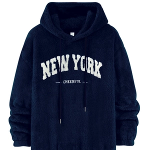 Donkerblauwe heren fleece hoodie met New York print en trekkoord van zacht polyester materiaal
