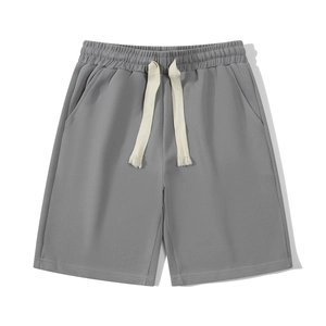 Heavyweight 220g gray athletic shorts with drawstring and striped fabric texture for summer