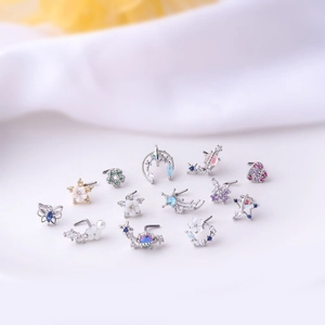 L-shaped surgical steel nose studs with colorful zircon butterfly and flower designs