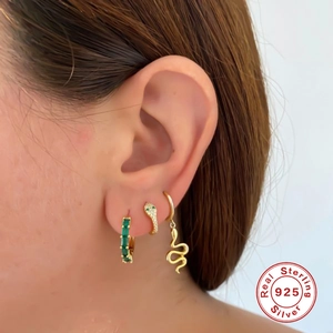 S925 sterling silver snake hoop earrings with green zircon stones for women
