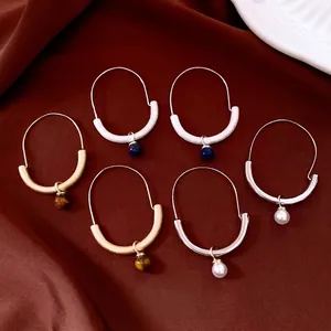 Retro Tiger Eye Stone Pendant Dangle Earrings For Women Copper Matte Geometric U Shape Hoop Jewelry Versatile With Steel Post