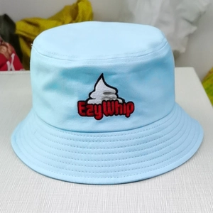 Classic light blue cotton bucket hat with EzyWhip embroidery and flat top design