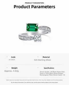 Dettagli dell'anello in argento sterling S925 con pietra verde smeraldo e zircone 5A
