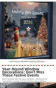 Festive gold and white Christmas tree window decals with Merry Christmas 2026 lettering