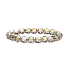 Iridescent multifaceted crystal beaded bracelet with elastic cord on white background