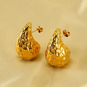 Hammered Chunky Water Drop Earrings Stainless Steel 18K Gold Plated Vintage French Style For Women