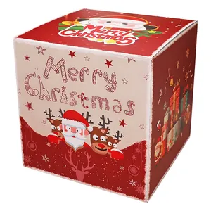Red and white Christmas gift box featuring Santa and reindeer illustrations in a 45-degree view