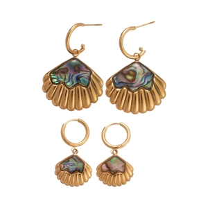 Golden stainless steel seashell earrings set with abalone shell inlays for beach vacation