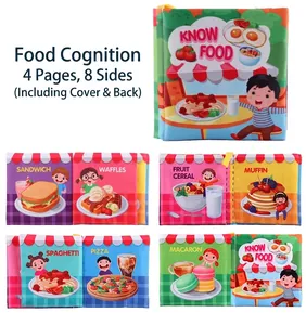 Detail view of baby cloth book with crinkle paper pages showing colorful food patterns