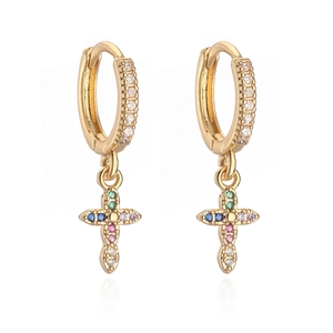 Exquisite gold plated copper earrings with cross pendants and colorful zircon stones