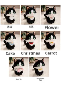 Collage showing various plush black and white kittens with different creative bib accessories