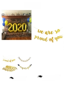 Detail of graduation banners featuring Congrats Grad and We Are So Proud Of You slogans