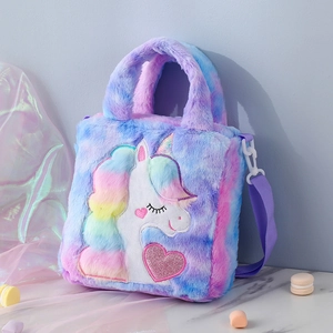 Detail of gradient unicorn plush bag with embroidery and adjustable strap