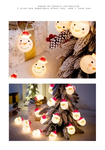 Detail of Santa and Snowman LED string lights glowing on a decorated Christmas tree