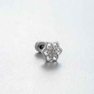 Silver flower-shaped screw-back earring with shimmering zircon crystals and flat back
