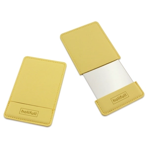 Portable rectangular stainless steel makeup mirror with yellow PU leather protective sleeve