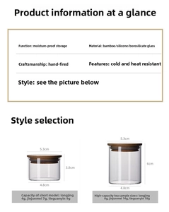 Size chart for mini glass tea jars with bamboo lids showing height and capacity data