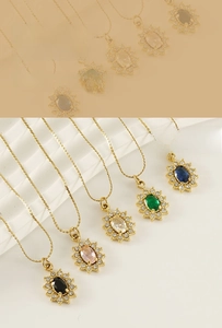 Detailed view of sunflower necklaces with colorful zircon stones and gold plating
