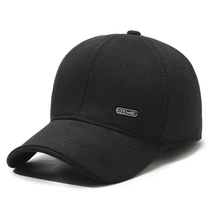 Winter thermal baseball cap with ear protection and plush lining in black felt material