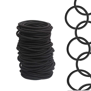 Bulk pack of basic black elastic hair ties and close-up of textured fabric ponytail holders