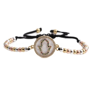 Hamsa hand charm bracelet with multicolored zircons and adjustable tri-color beads
