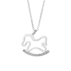 Cute silver rocking horse necklace with clear rhinestones on a classic O-chain for women