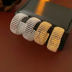 Mesh Lace C-Shape Hoop Earrings With Silver Earring Post Copper Geometric Hollow Fashion Jewelry For Women