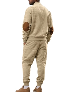 Detail view of khaki knit tracksuit with diamond texture and elbow patches on the back
